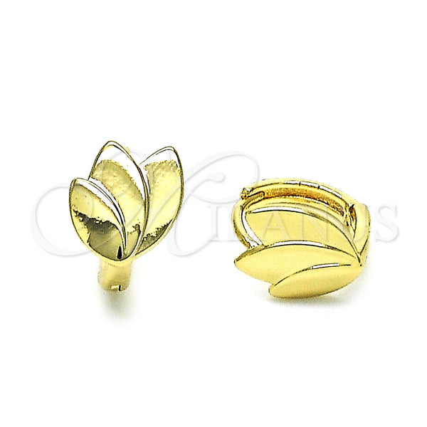 Gold Filled Hoop Earrings — Huggie Hoop Leaf Design Polished 02. — main product view — SKU 152787 | Oro Laminado aretes de aro — Huggie Hoop Leaf diseño pulido 02. — SKU 152787