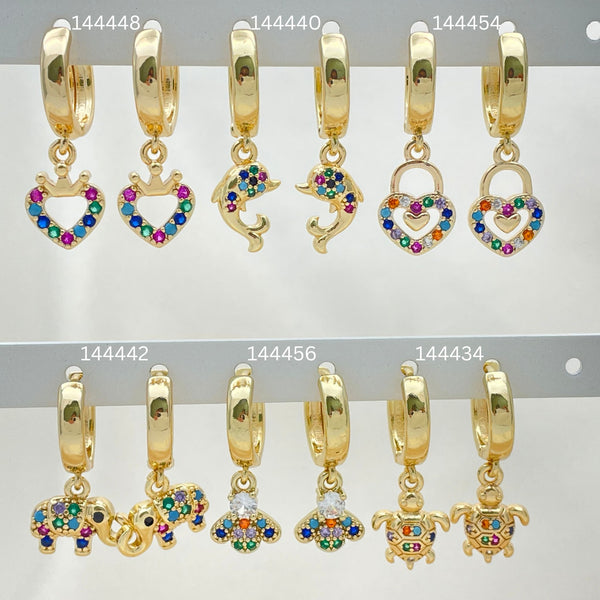 Gold Filled Hoop Earrings — 30 Assorted Charm Huggie Hoops in $3.33 each — main product view — SKU 152813 | Oro Laminado aretes de aro — 30 Assorted Charm Huggie Hoops in $3.33 each — SKU 152813