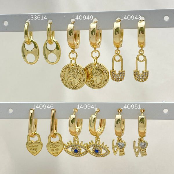 Gold Filled Hoop Earrings — 30 Assorted Charm Huggie Hoops in $3.33 each — main product view — SKU 152815 | Oro Laminado aretes de aro — 30 Assorted Charm Huggie Hoops in $3.33 each — SKU 152815