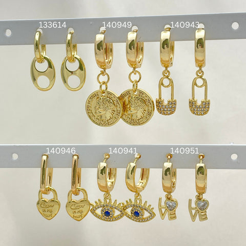 30 Charm Huggie Hoops surtidos en Oro Laminado Gold Filled ($3.33 cada uno) por $100 Gold Layered 