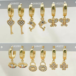 Gold Filled Hoop Earrings — 30 Assorted Charm Huggie Hoops in $3.33 each — main product view — SKU 152817 | Oro Laminado aretes de aro — 30 Assorted Charm Huggie Hoops in $3.33 each — SKU 152817