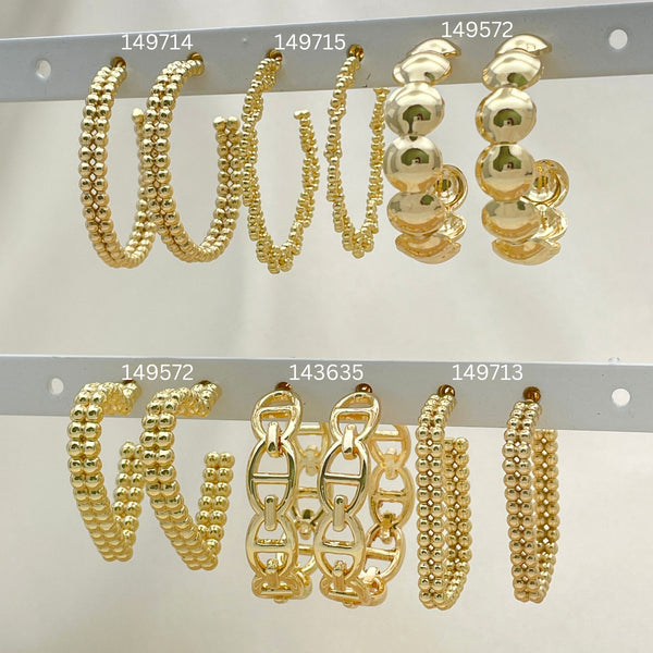 Gold Filled Hoop Earrings — 25 Assorted Half Hoops in $4.00 each for — main product view — SKU 152820 | Oro Laminado aretes de aro — 25 Assorted Half Hoops in $4.00 each for — SKU 152820