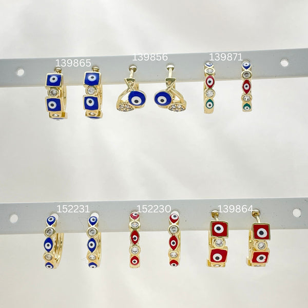 Gold Filled Hoop Earrings — 30 Assorted Evil Eye Huggie Hoops in $3.33 — main product view — SKU 152823 | Oro Laminado aretes de aro — 30 Assorted Evil Eye Huggie Hoops in $3.33 — SKU 152823
