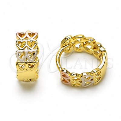 Oro Laminado Huggie Hoop, Gold Filled Style Heart Design, Polished, Tricolor, 02.213.0506.12