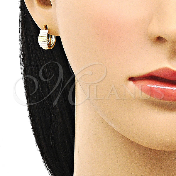 Gold Filled Hoop Earrings — Huggie Hoop Diamond Cutting Tricolor 02. — alternate product view — SKU 152855 | Oro Laminado aretes de aro — Huggie Hoop Diamond Cutting Tricolor 02. — SKU 152855