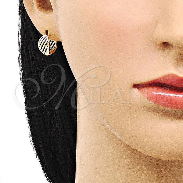 Gold Filled Hoop Earrings — Huggie Hoop Leaf Design Polished Tricolor 02. — alternate product view — SKU 152863 | Oro Laminado aretes de aro — Huggie Hoop Leaf diseño pulido Tricolor 02. — SKU 152863