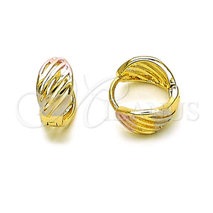 Gold Filled Hoop Earrings — Huggie Hoop Leaf Design Polished Tricolor 02. — main product view — SKU 152863 | Oro Laminado aretes de aro — Huggie Hoop Leaf diseño pulido Tricolor 02. — SKU 152863