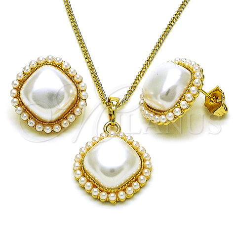 Oro Laminado Earring and Pendant Adult Set, Gold Filled Style with Ivory Pearl, Polished, Golden Finish, 10.379.0080