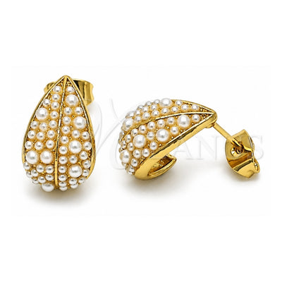 Oro Laminado Stud Earring, Gold Filled Style Leaf and Teardrop Design, with Ivory Pearl, Polished, Golden Finish, 02.379.0057