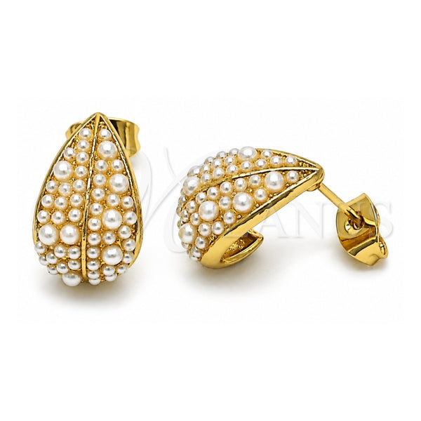 Oro Laminado Stud Earring, Gold Filled Style Leaf and Teardrop Design, with Ivory Pearl, Polished, Golden Finish, 02.379.0057