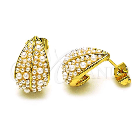 Oro Laminado Stud Earring, Gold Filled Style Leaf and Teardrop Design, with Ivory Pearl, Polished, Golden Finish, 02.379.0057