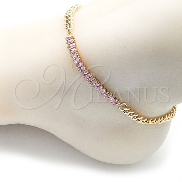 Oro Laminado Fancy Anklet, Gold Filled Style Miami Cuban and Baguette Design, with Pink Cubic Zirconia, Polished, Golden Finish, 03.130.0010.3.10 (05 MM Thickness, 10 Inches Length)