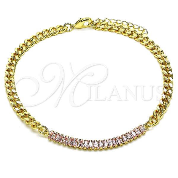 Oro Laminado Fancy Anklet, Gold Filled Style Miami Cuban and Baguette Design, with Pink Cubic Zirconia, Polished, Golden Finish, 03.130.0010.3.10 (05 MM Thickness, 10 Inches Length)