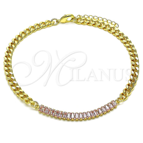 Oro Laminado Fancy Anklet, Gold Filled Style Miami Cuban and Baguette Design, with Pink Cubic Zirconia, Polished, Golden Finish, 03.130.0010.3.10 (05 MM Thickness, 10 Inches Length)