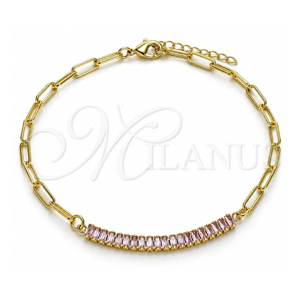 Oro Laminado Fancy Anklet, Gold Filled Style Paperclip and Baguette Design, with Pink Cubic Zirconia, Polished, Golden Finish, 03.130.0011.3.10 (04 MM Thickness, 10 Inches Length)