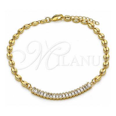 Oro Laminado Fancy Anklet, Gold Filled Style Puff Mariner and Baguette Design, with White Cubic Zirconia, Polished, Golden Finish, 03.130.0013.10 (05 MM Thickness, 10 Inches Length)