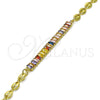 Oro Laminado Fancy Anklet, Gold Filled Style Puff Mariner and Baguette Design, with Multicolor Cubic Zirconia, Polished, Golden Finish, 03.130.0013.1.10 (05 MM Thickness, 10 Inches Length)