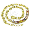 Oro Laminado Fancy Anklet, Gold Filled Style Puff Mariner and Baguette Design, with Multicolor Cubic Zirconia, Polished, Golden Finish, 03.130.0013.1.10 (05 MM Thickness, 10 Inches Length)