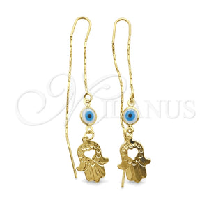 Oro Laminado Threader Earring, Gold Filled Style Greek Key and Hand of God Design, Polished, Golden Finish, 02.02.0529