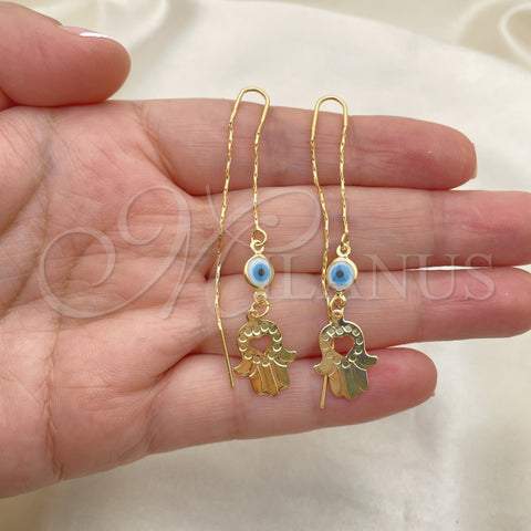 Oro Laminado Threader Earring, Gold Filled Style Greek Key and Hand of God Design, Polished, Golden Finish, 02.02.0529