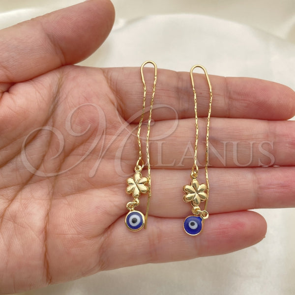 Oro Laminado Threader Earring, Gold Filled Style Evil Eye and Flower Design, Polished, Golden Finish, 02.02.0530