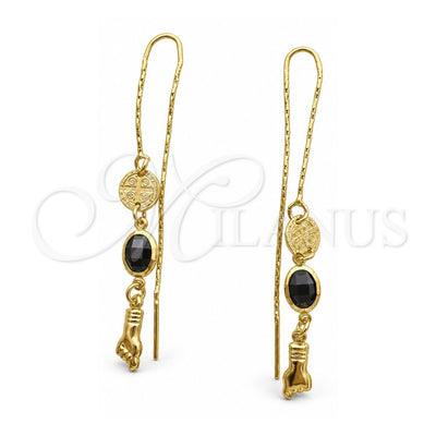 Oro Laminado Threader Earring, Gold Filled Style Turtle and Figa Hand Design, with Black Crystal, Polished, Golden Finish, 02.02.0532