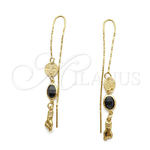Oro Laminado Threader Earring, Gold Filled Style Turtle and Figa Hand Design, with Black Crystal, Polished, Golden Finish, 02.02.0532