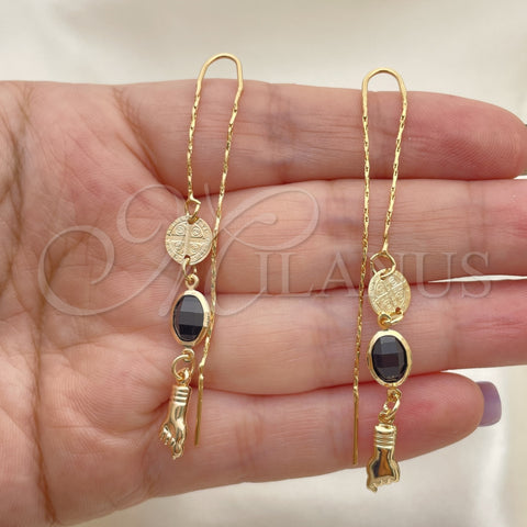 Oro Laminado Threader Earring, Gold Filled Style Turtle and Figa Hand Design, with Black Crystal, Polished, Golden Finish, 02.02.0532