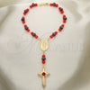 Oro Laminado Bracelet Rosary, Gold Filled Style Medalla Milagrosa Design, with Orange Red and Black Azavache, Polished, Golden Finish, 09.02.0048.08