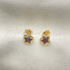 Oro Laminado Stud Earring, Gold Filled Style Star Design, with Dark Amethyst Cubic Zirconia, Polished, Golden Finish, 02.02.0533.4