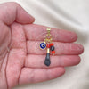 Oro Laminado Religious Pendant, Gold Filled Style Figa Hand and Evil Eye Design, Blue Resin Finish, Golden Finish, 05.63.1166.1
