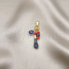 Oro Laminado Religious Pendant, Gold Filled Style Figa Hand and Evil Eye Design, Blue Resin Finish, Golden Finish, 05.63.1166.1