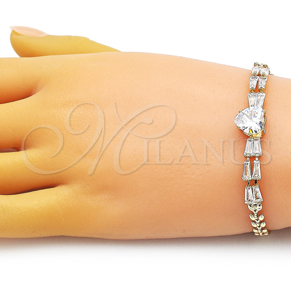 Gold Filled Bracelet — Fancy Bracelet Heart and Baguette Design with White — alternate product view — SKU 153002 | Oro Laminado brazalete — elegante Bracelet corazón and Baguette diseño with blanco — SKU 153002