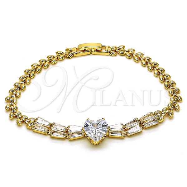 Oro Laminado Fancy Bracelet, Gold Filled Style Heart and Baguette Design, with White Cubic Zirconia, Polished, Golden Finish, 03.283.0304.07 (05 MM Thickness, 7 Inches Length)