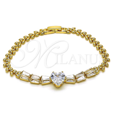 Oro Laminado Fancy Bracelet, Gold Filled Style Heart and Baguette Design, with White Cubic Zirconia, Polished, Golden Finish, 03.283.0304.07 (05 MM Thickness, 7 Inches Length)