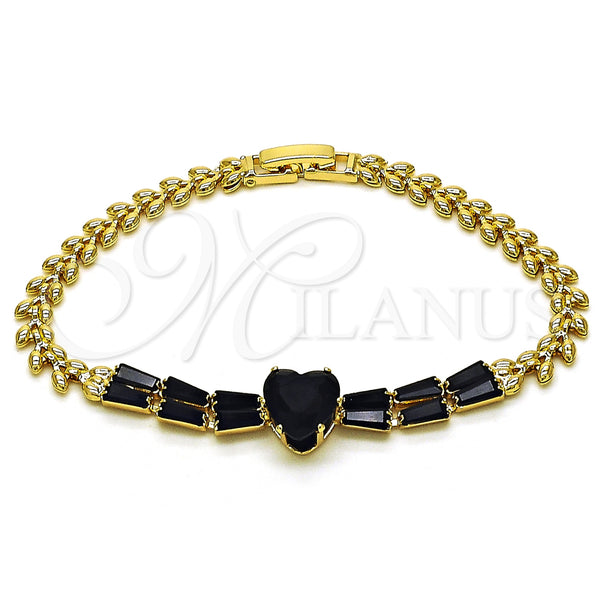 Gold Filled Bracelet — Fancy Bracelet Heart and Baguette Design with Black — main product view — SKU 153003 | Oro Laminado brazalete — elegante Bracelet corazón and Baguette diseño with negro — SKU 153003