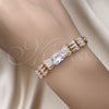 Oro Laminado Fancy Bracelet, Gold Filled Style Baguette and Leaf Design, with White Cubic Zirconia, Polished, Golden Finish, 03.283.0305.07 (05 MM Thickness, 7 Inches Length)