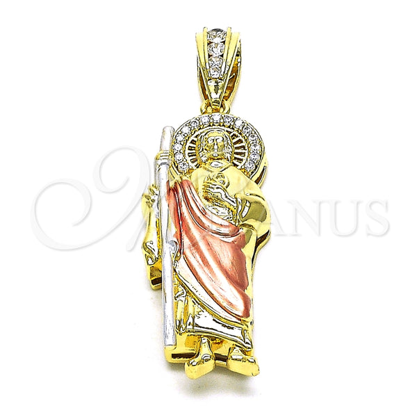 Oro Laminado Religious Pendant, Gold Filled Style San Judas Design, with White Micro Pave and White Cubic Zirconia, Polished, Tricolor, 05.411.0003.2