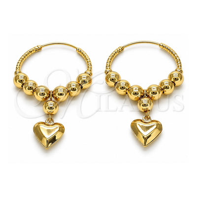 Oro Laminado Medium Hoop, Gold Filled Style Heart and Ball Design, Polished, Golden Finish, 02.170.0432.30