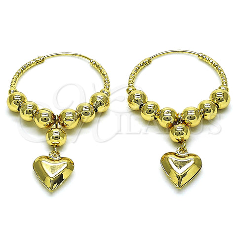 Oro Laminado Medium Hoop, Gold Filled Style Heart and Ball Design, Polished, Golden Finish, 02.170.0432.30