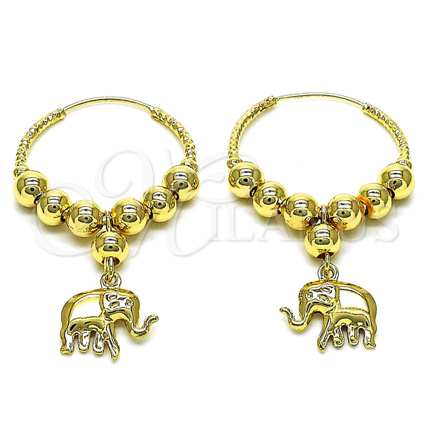 Gold Filled Hoop Earrings — Medium Hoop Elephant and Ball Design Polished 02. — main product view — SKU 153036 | Oro Laminado aretes de aro — Medium Hoop Elephant and Ball diseño pulido 02. — SKU 153036
