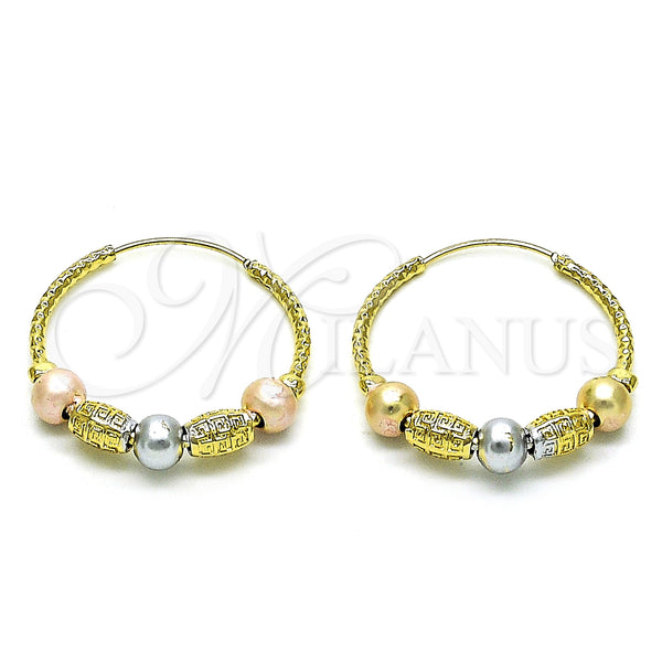 Gold Filled Hoop Earrings — Medium Hoop Greek Key Design Polished Tricolor 02. — main product view — SKU 153040 | Oro Laminado aretes de aro — Medium Hoop Greek Key diseño pulido Tricolor 02. — SKU 153040