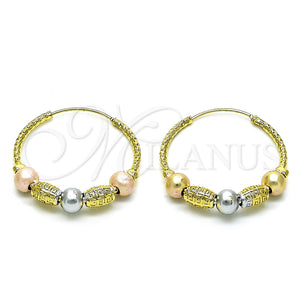 Gold Filled Hoop Earrings — Medium Hoop Greek Key Design Polished Tricolor 02. — main product view — SKU 153040 | Oro Laminado aretes de aro — Medium Hoop Greek Key diseño pulido Tricolor 02. — SKU 153040