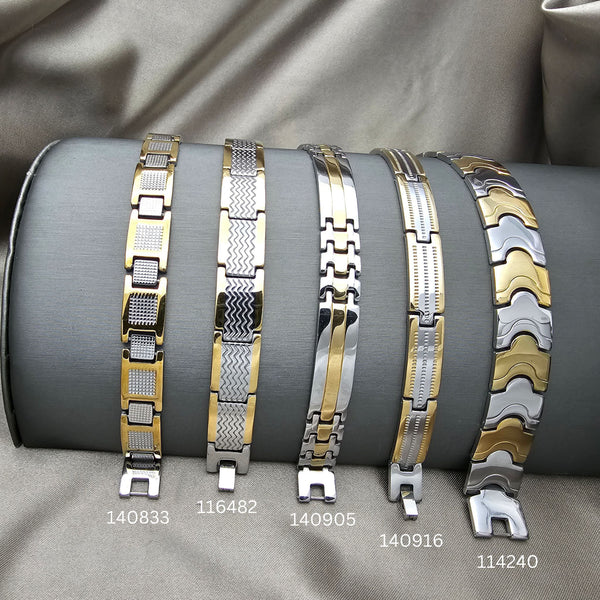 Five assorted two-tone men's steel bracelets on a gray display, SKU 153045