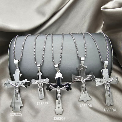 Stainless Steel Five assorted silver-tone steel crucifix pendant necklaces, SKU 153052 for wholesale, main product view