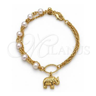 Oro Laminado Charm Bracelet, Gold Filled Style Elephant and Ball Design, with Ivory Pearl, Polished, Golden Finish, 03.32.0580.07 (06 MM Thickness, 7 Inches Length)