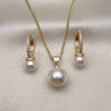 Oro Laminado Earring and Pendant Adult Set, Gold Filled Style Ball Design, with Ivory Pearl and White Micro Pave, Polished, Golden Finish, 10.195.0060