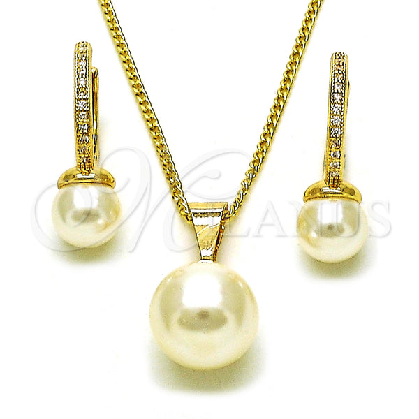 Oro Laminado Earring and Pendant Adult Set, Gold Filled Style Ball Design, with Ivory Pearl and White Micro Pave, Polished, Golden Finish, 10.195.0060