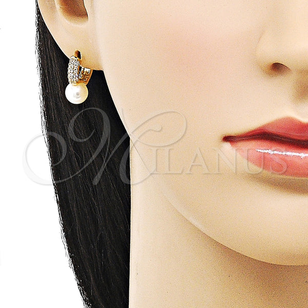 Gold Filled Hoop Earrings — Huggie Hoop with Ivory Pearl and White Micro — alternate product view — SKU 153076 | Oro Laminado aretes de aro — Huggie Hoop with Ivory Pearl and blanco Micro — SKU 153076