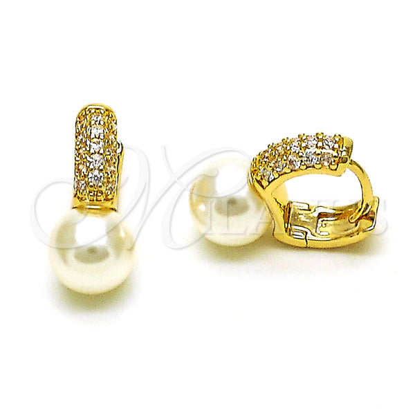 Gold Filled Hoop Earrings — Huggie Hoop with Ivory Pearl and White Micro — main product view — SKU 153076 | Oro Laminado aretes de aro — Huggie Hoop with Ivory Pearl and blanco Micro — SKU 153076